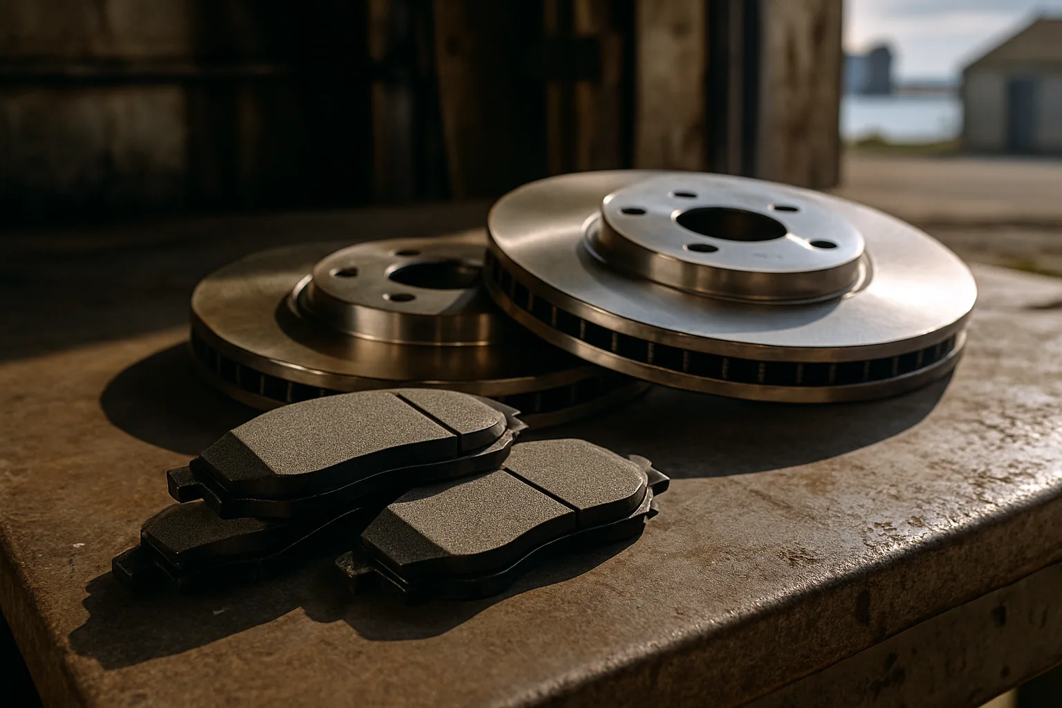 Brake service parts and tools on repair workbench