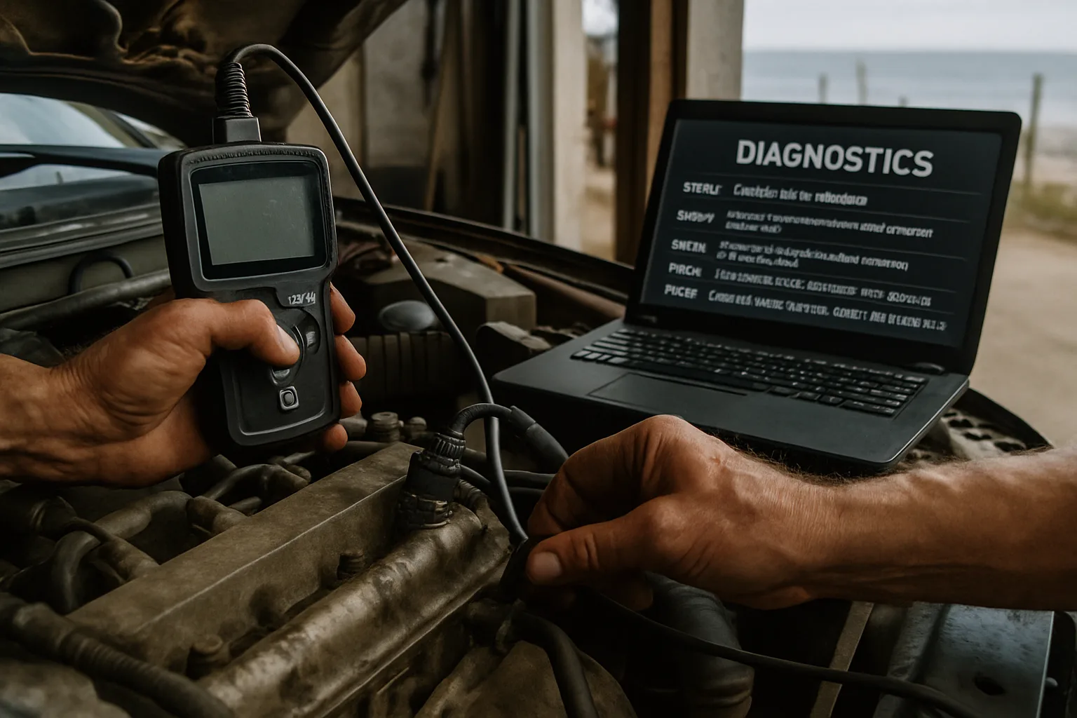 Engine diagnostics in progress with computer scanner