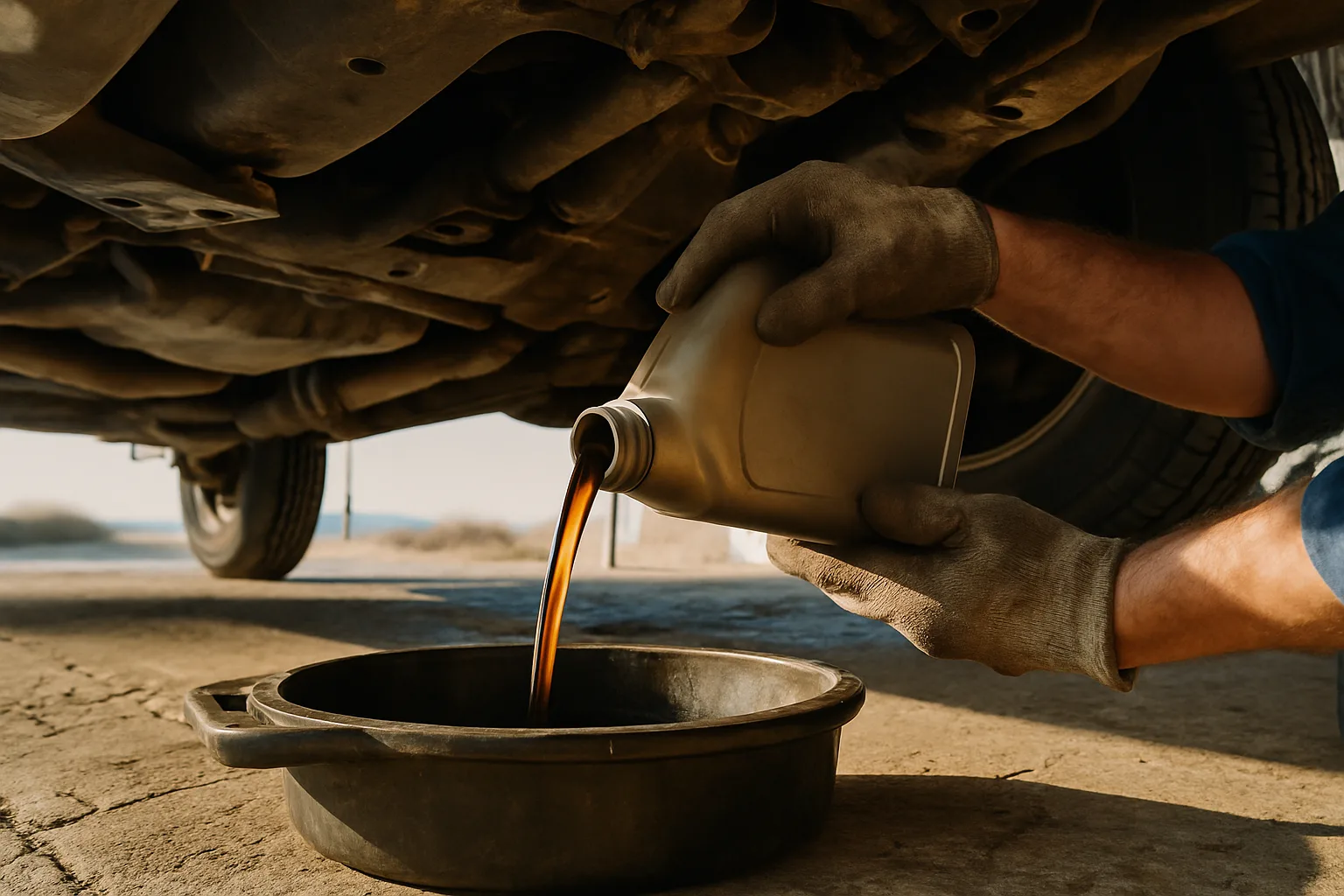 Oil change service being performed on vehicle